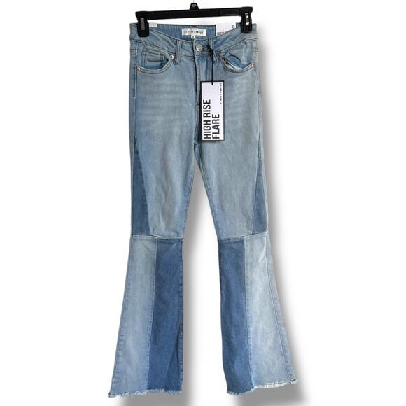 Almost Famous Womens Jeans Size 0 High Rise Flare Colorblock Raw Hem Patchwork - Picture 3 of 8